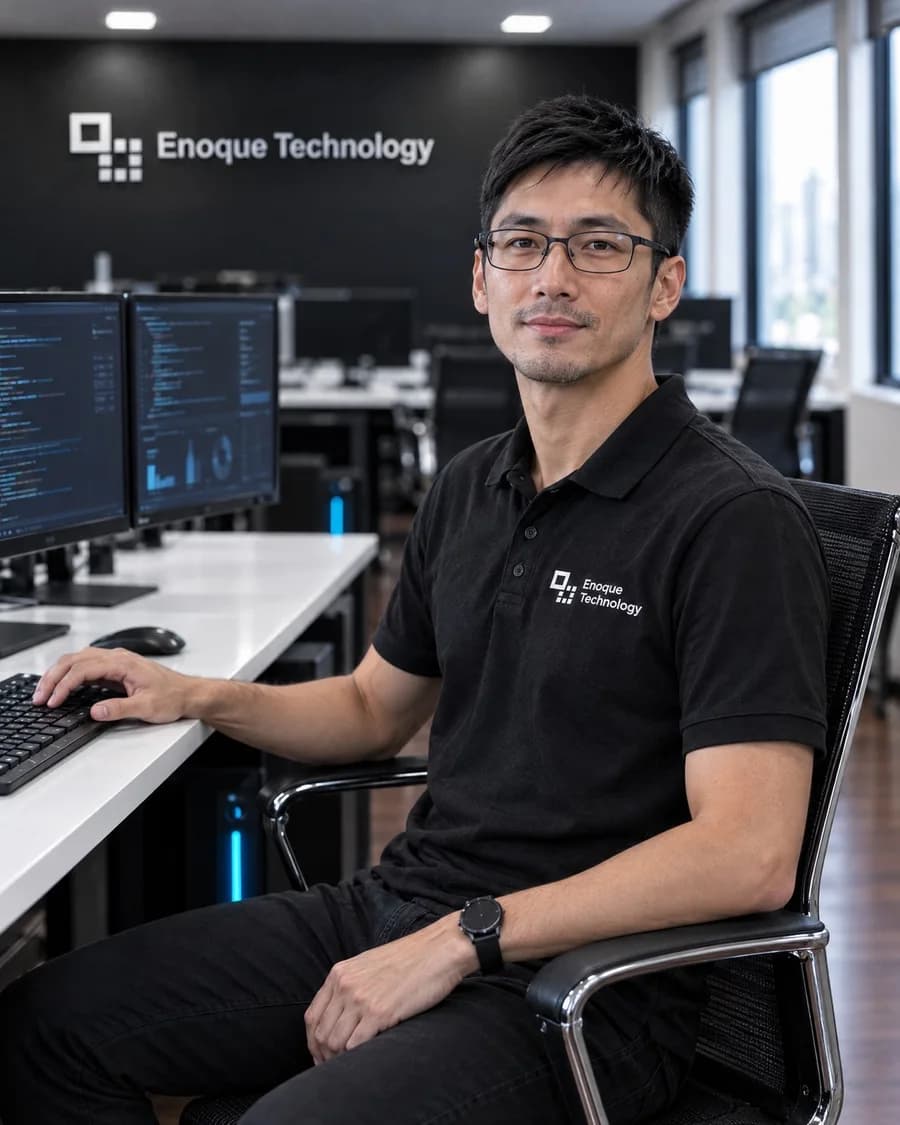 Avatar institucional aprovado de Davi Okabe, com o uniforme da Enoque Technology na sala de tecnologia.
