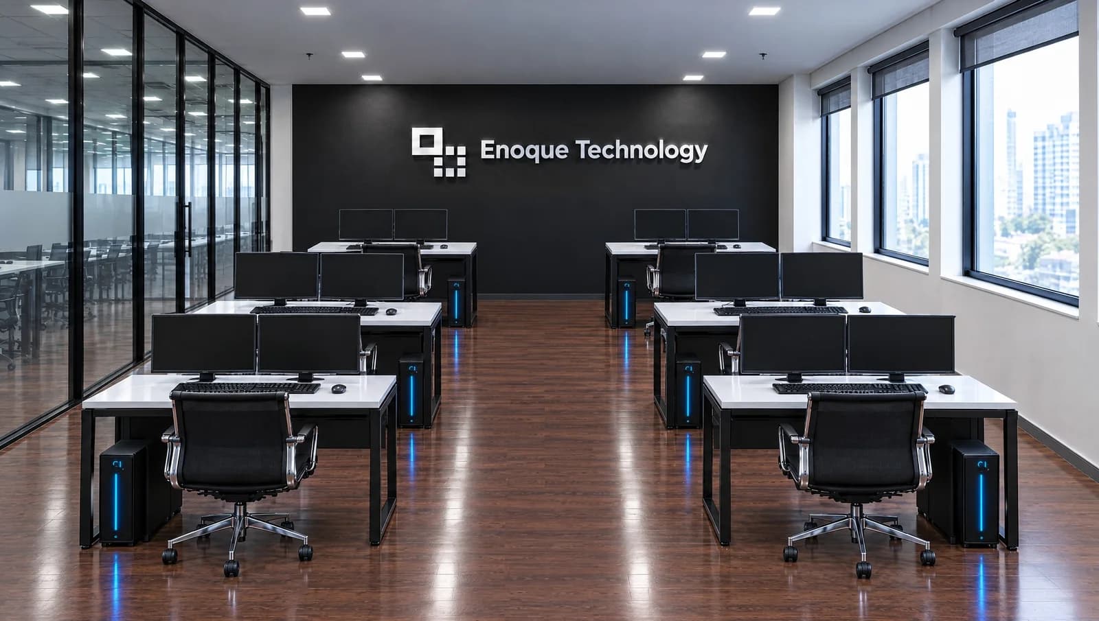 Set aprovado do escritório da Enoque Technology: sala de tecnologia com mesas, monitores e a marca na parede.