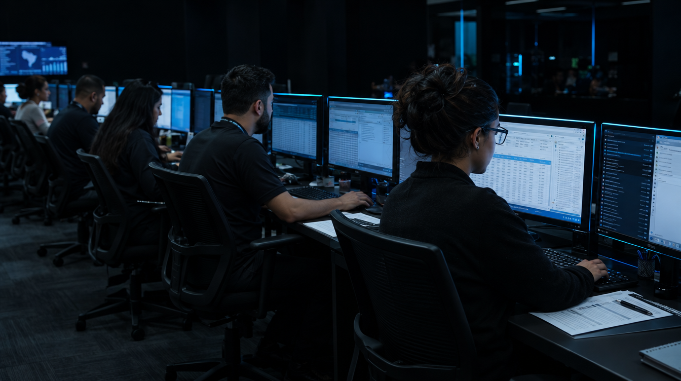 Equipe operacional brasileira em bancada com monitores, vista de lado, ambiente escuro e luz fria