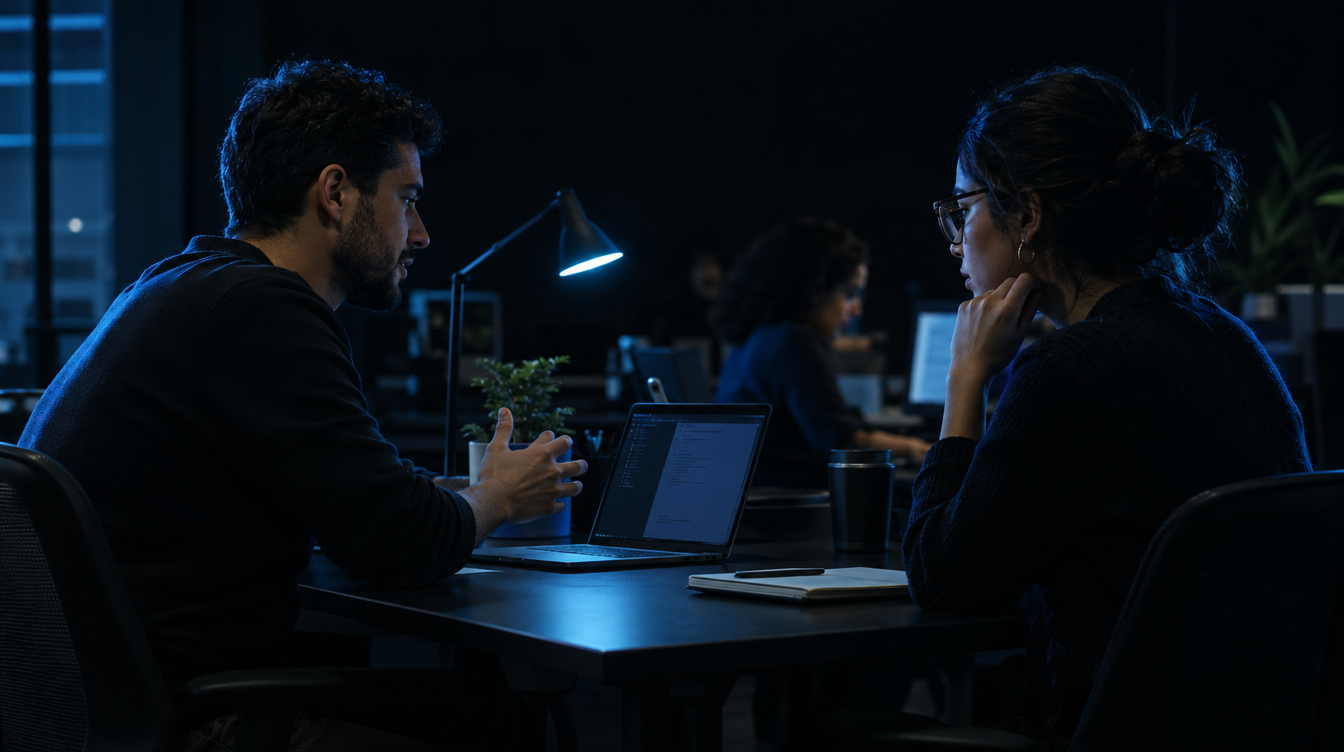 Duas pessoas de lado em sala escura em sessão ao vivo diante de notebook, filete azul só na luminária