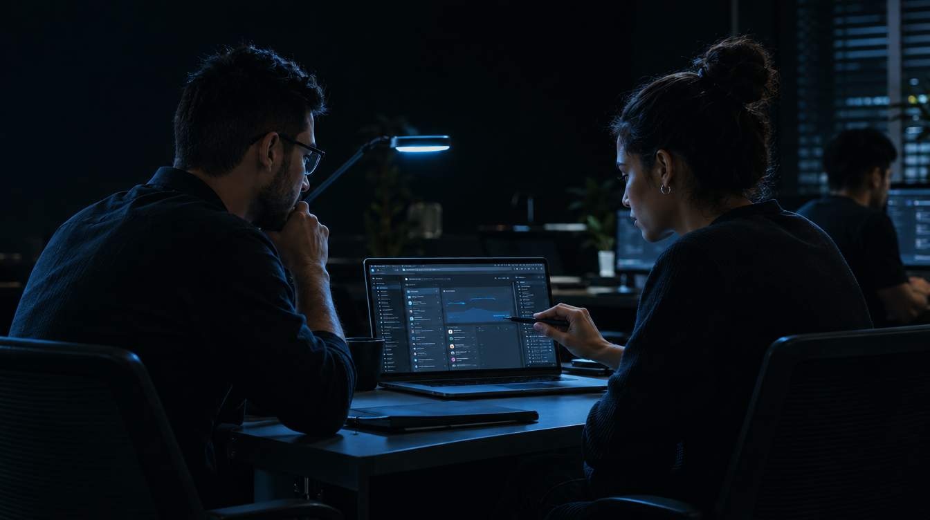 Duas pessoas de lado em mesa escura discutem tela de notebook com produto, filete azul só na luminária