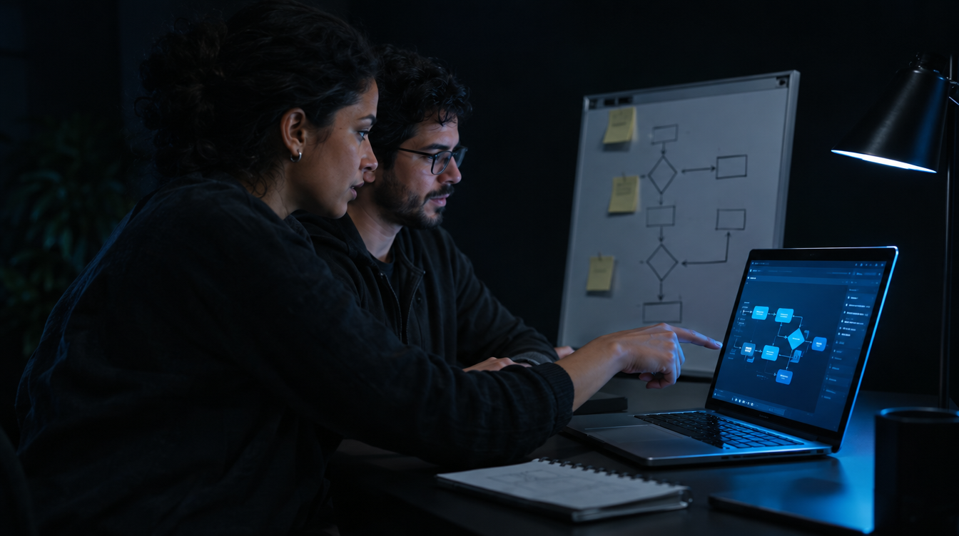 Duas pessoas sentadas de lado em mesa escura mapeiam fluxo no notebook e quadro branco, luz azul só no monitor
