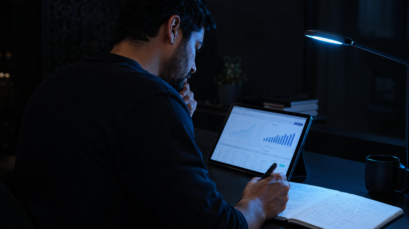 Pessoa em close obliquo analisa precificação e receita do produto no tablet iluminado, filete azul só na luminária