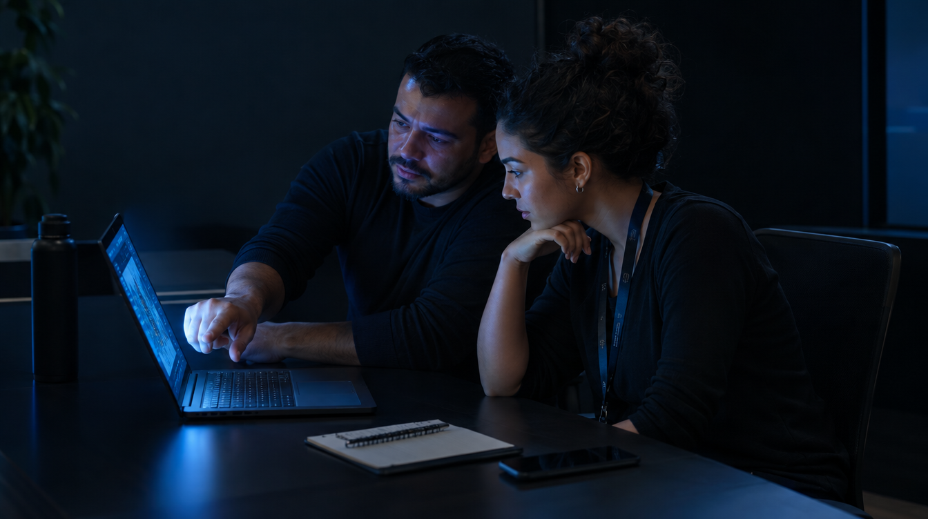 Duas pessoas sentadas em ângulo em mesa escura treinam no notebook com caso real aberto, luz azul só no ecrã